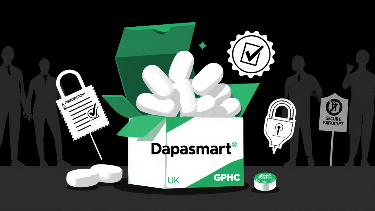 Open pharmacy box with authentic Dapasmart tablets and safety checks, fake sites fading away.