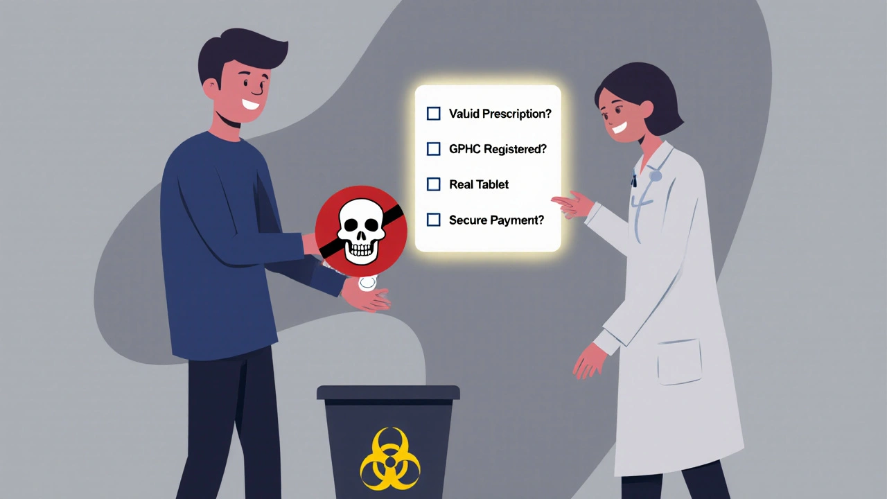 Person handing over a counterfeit pill to a doctor for safe disposal, safety checklist glowing nearby.