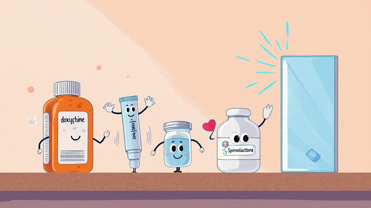 Animated lineup of acne treatments with smiling bottles and light panel at a pharmacy counter.