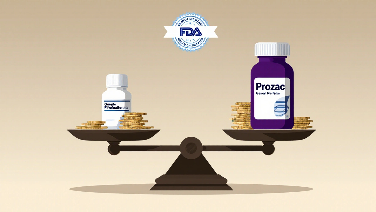 Balance scale comparing generic and brand Prozac bottles with coin piles indicating price.