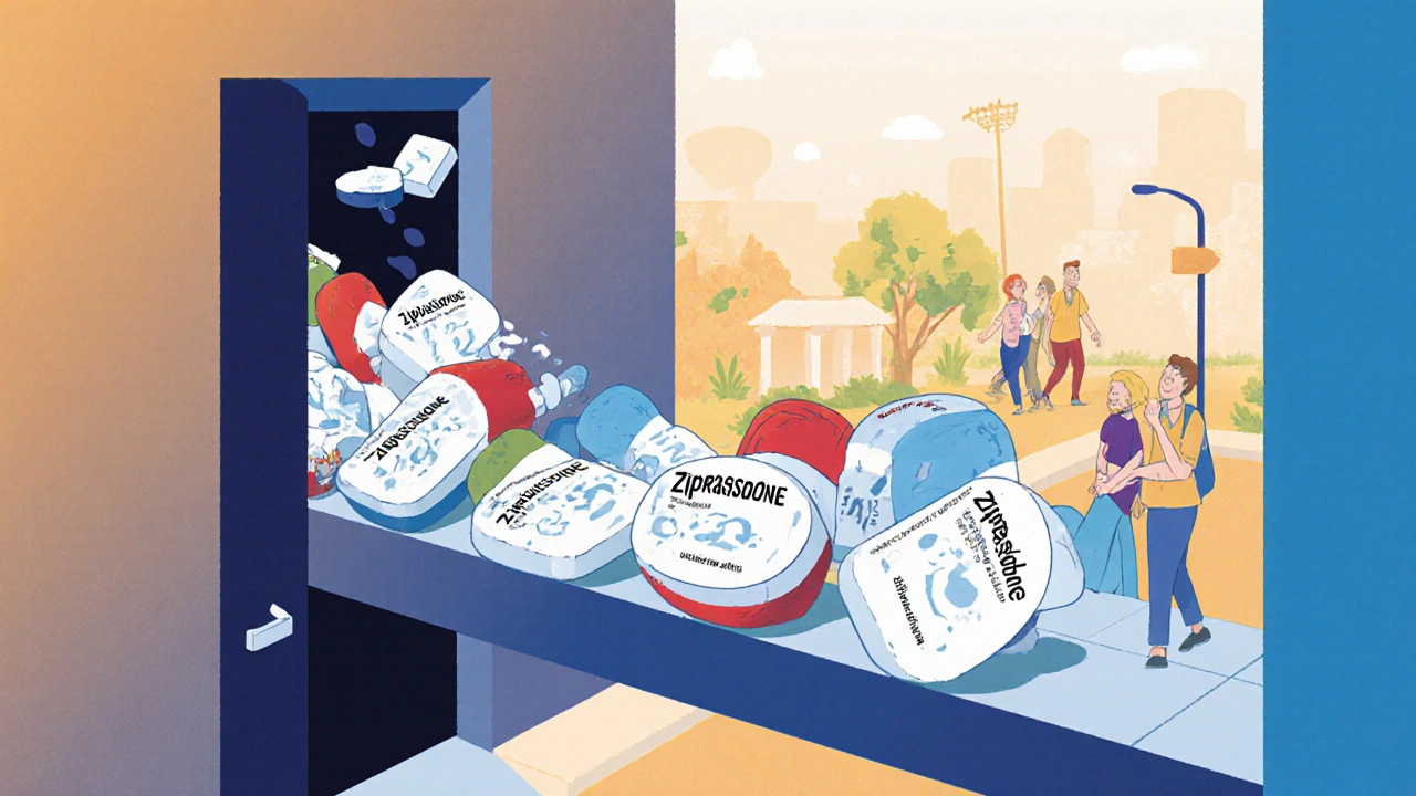 Bridge of pills connecting hospital to vibrant street, representing reintegration into daily life.