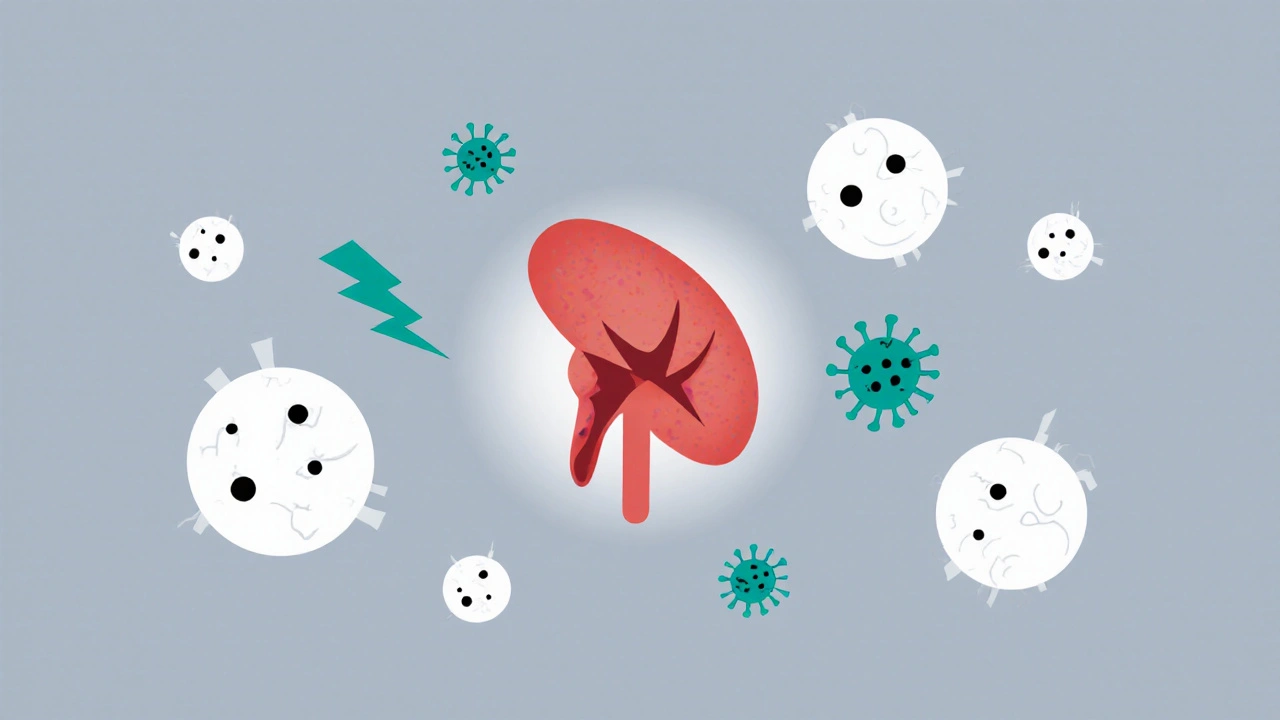 Cartoon of an inflamed pituitary surrounded by immune cells and cytokine symbols.
