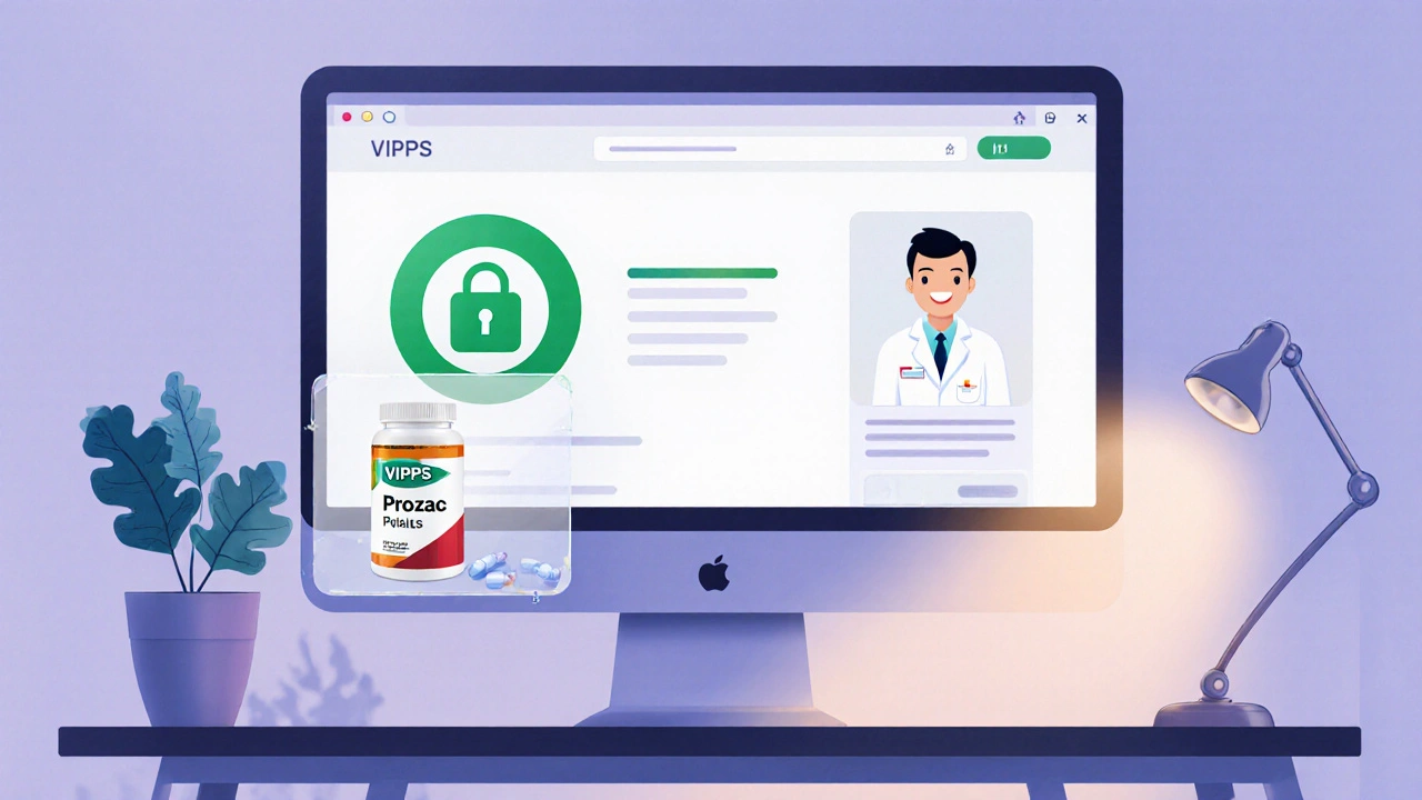 Computer screen showing verified pharmacy icons and a generic Prozac bottle in a home office.