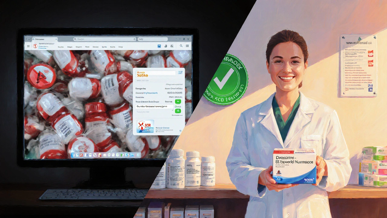 Contrast of a shady online pharmacy with red warning icons versus a reputable UK pharmacy with a green badge.