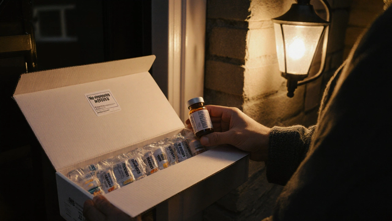 Discreet white parcel on a doorstep with opened box revealing sealed generic pill bottles.