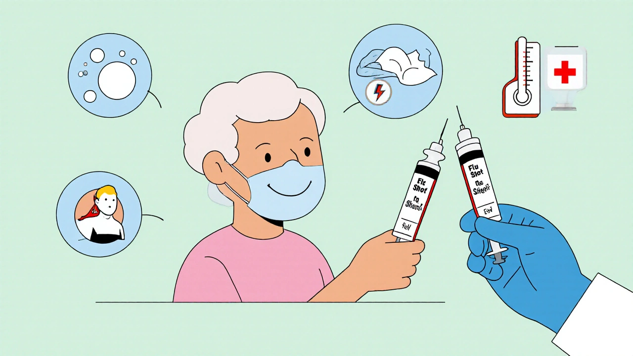 Doctor offering shingles and flu vaccines with icons for hand washing, mask, rest, and warning signs.