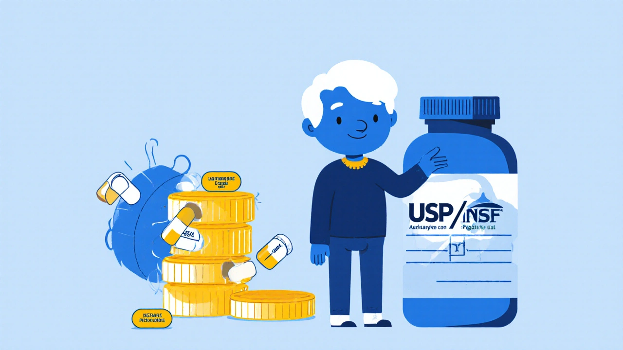 Elderly person with prescriptions and hidden drugs emerging from a supplement bottle.