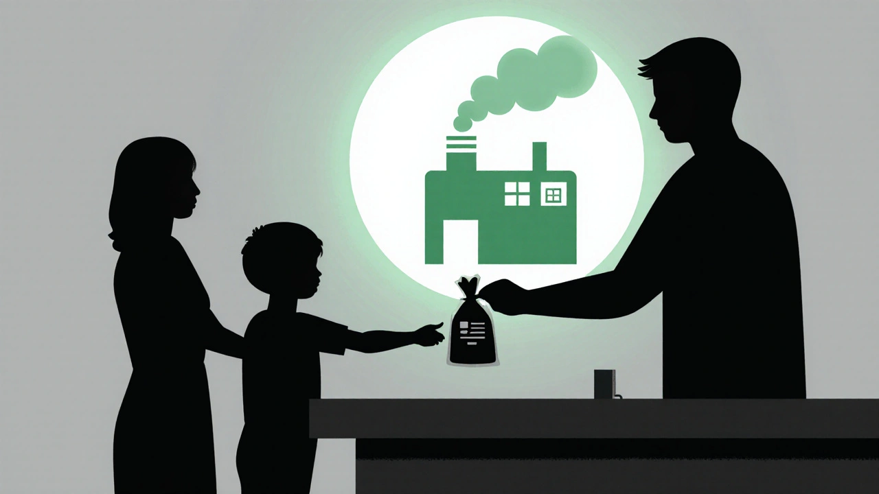 Family handing medication to pharmacist with incinerator symbol in background