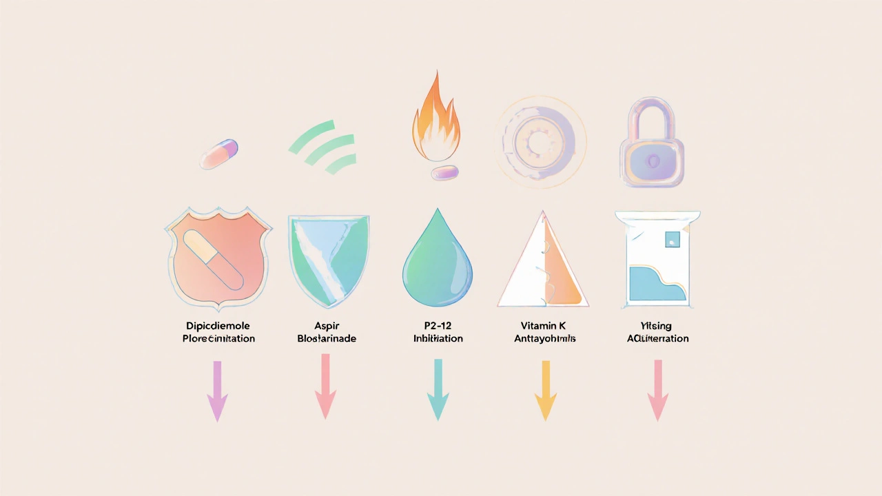Five simple drug icons with abstract mechanism symbols in a minimalist row.