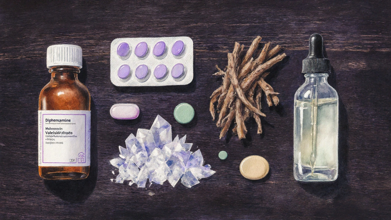 Flat‑lay of various sleep aid products including diphenhydramine, melatonin, valerian, magnesium, CBD oil and doxylamine.