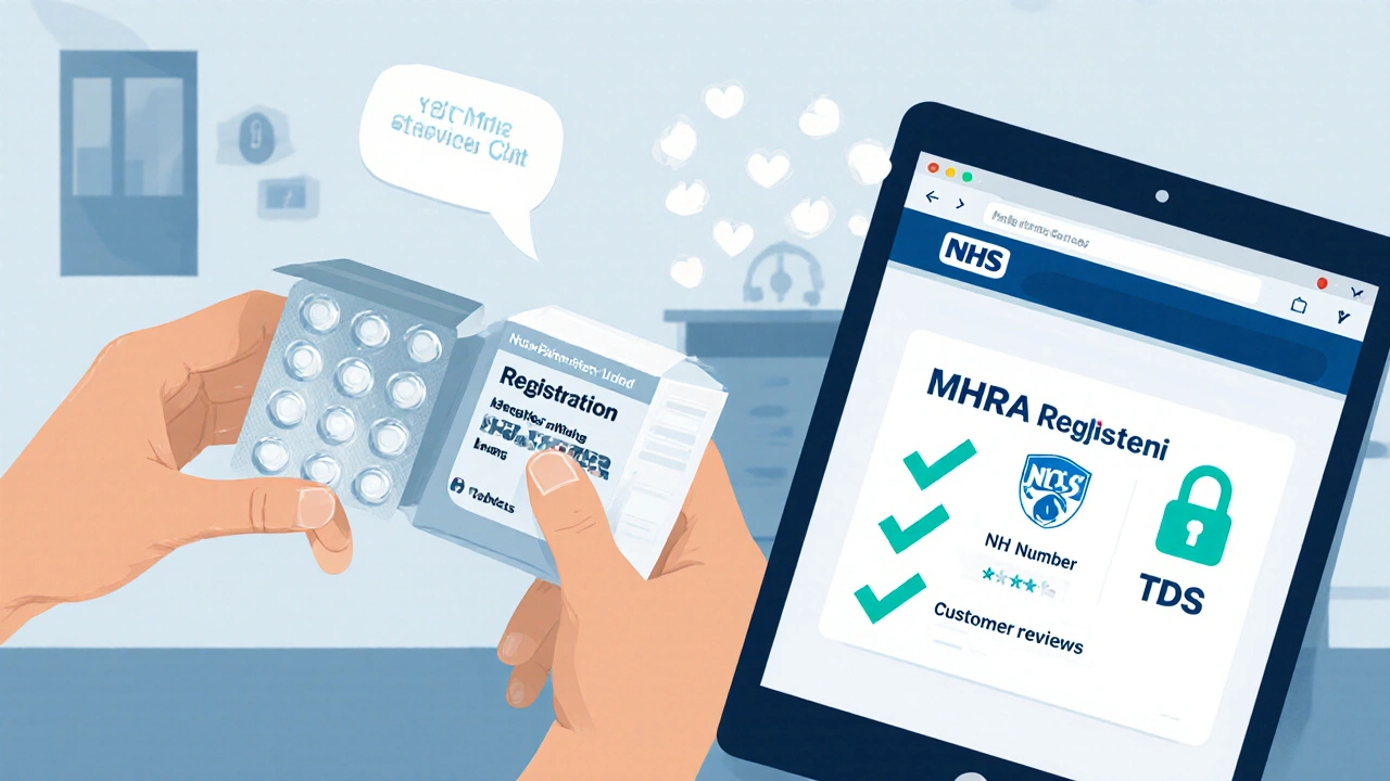 Hands holding a sealed ibuprofen box next to a tablet showing safety check icons.