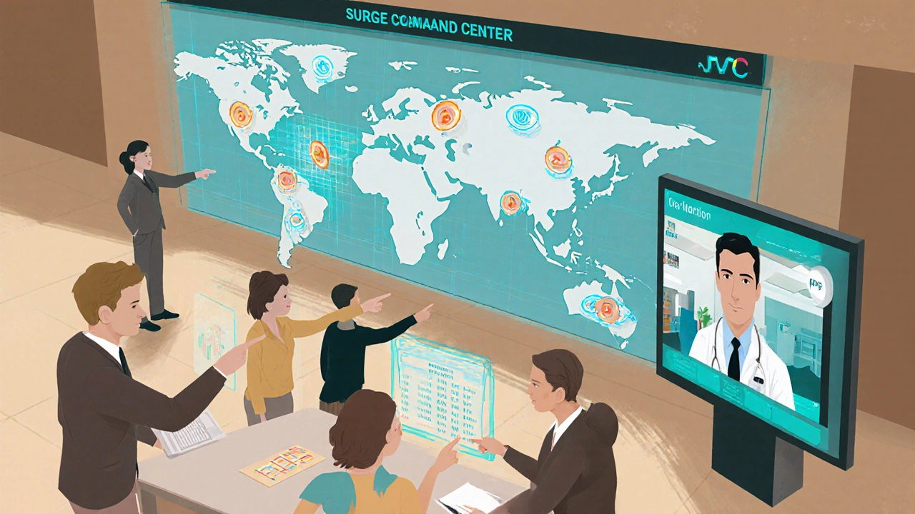 Hospital command center with digital maps, staff coordinating resources, and telemedicine screen.