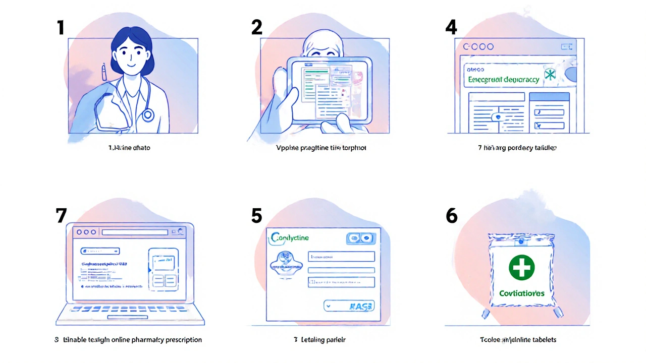 Illustrated sequence of a patient consulting a doctor, uploading a prescription, ordering tablets, and receiving a package.