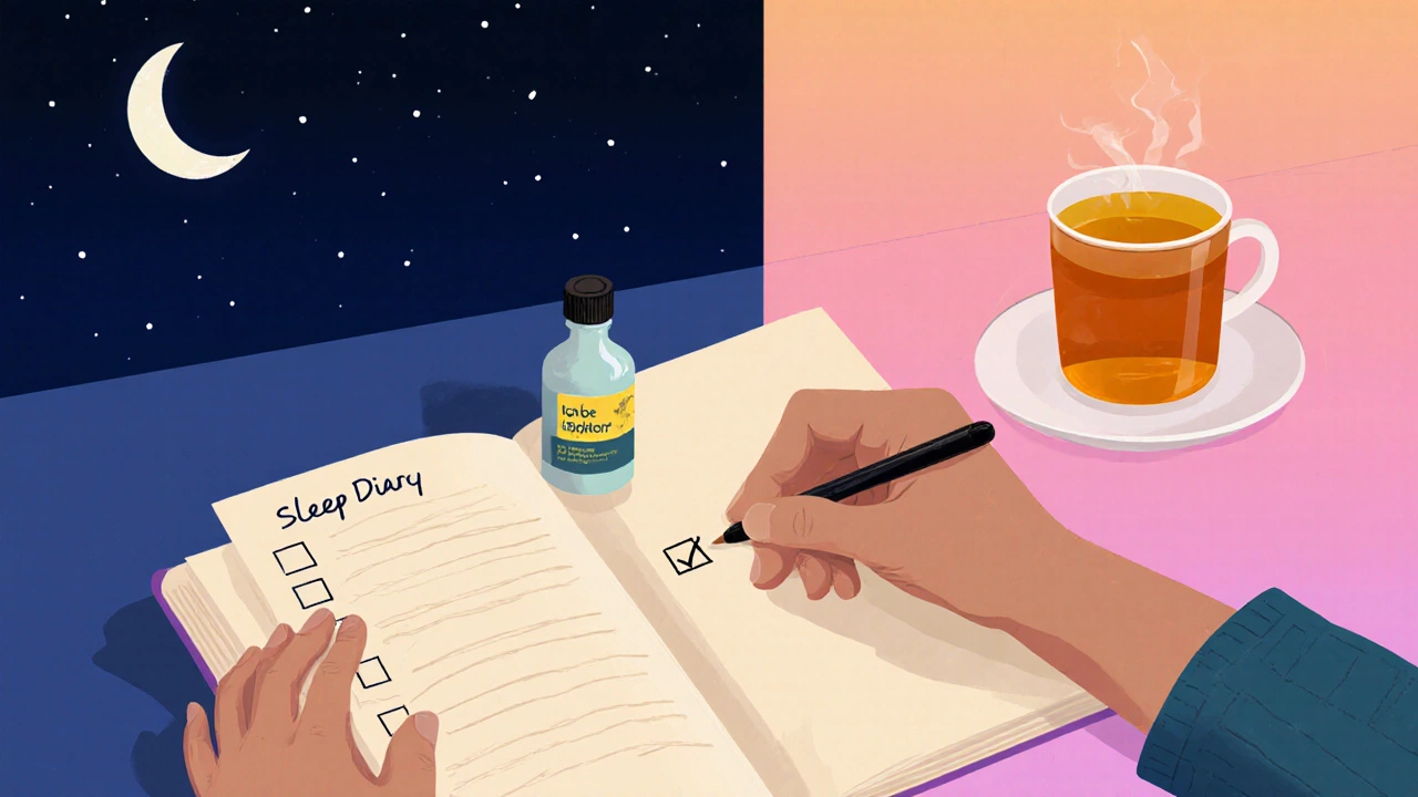Illustration of a sleep diary, Confido bottle and tea transitioning from night to sunrise.
