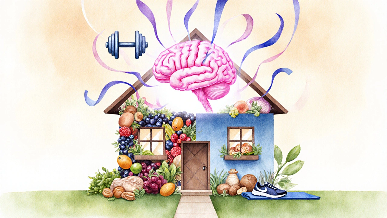 Illustration of diet foundation and exercise walls supporting a glowing brain.