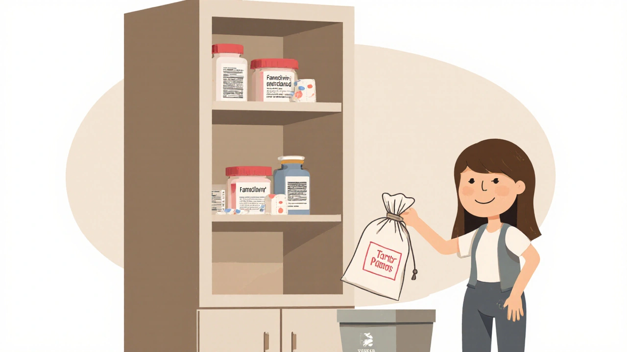 Medicine cabinet being cleared of expired pills into a bag for return