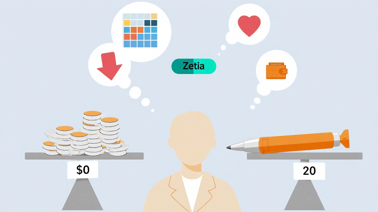 Minimalist cartoon of a patient weighing cost and effectiveness of cholesterol medicines on a balance scale.