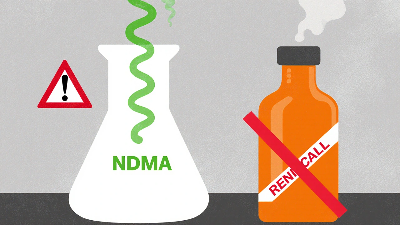 Minimalist lab scene with NDMA beaker and ranitidine bottle marked for recall.