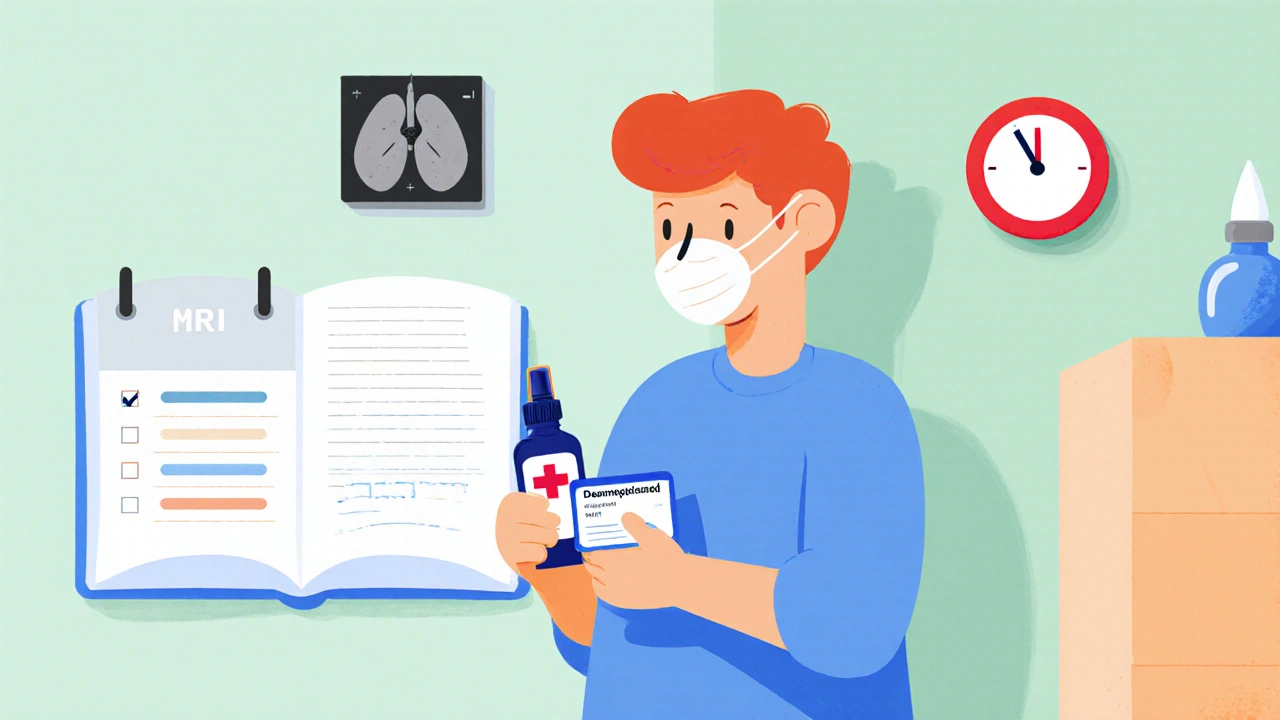 Minimalist scene of a patient with desmopressin spray, medical alert card, and fluid tracking notebook.