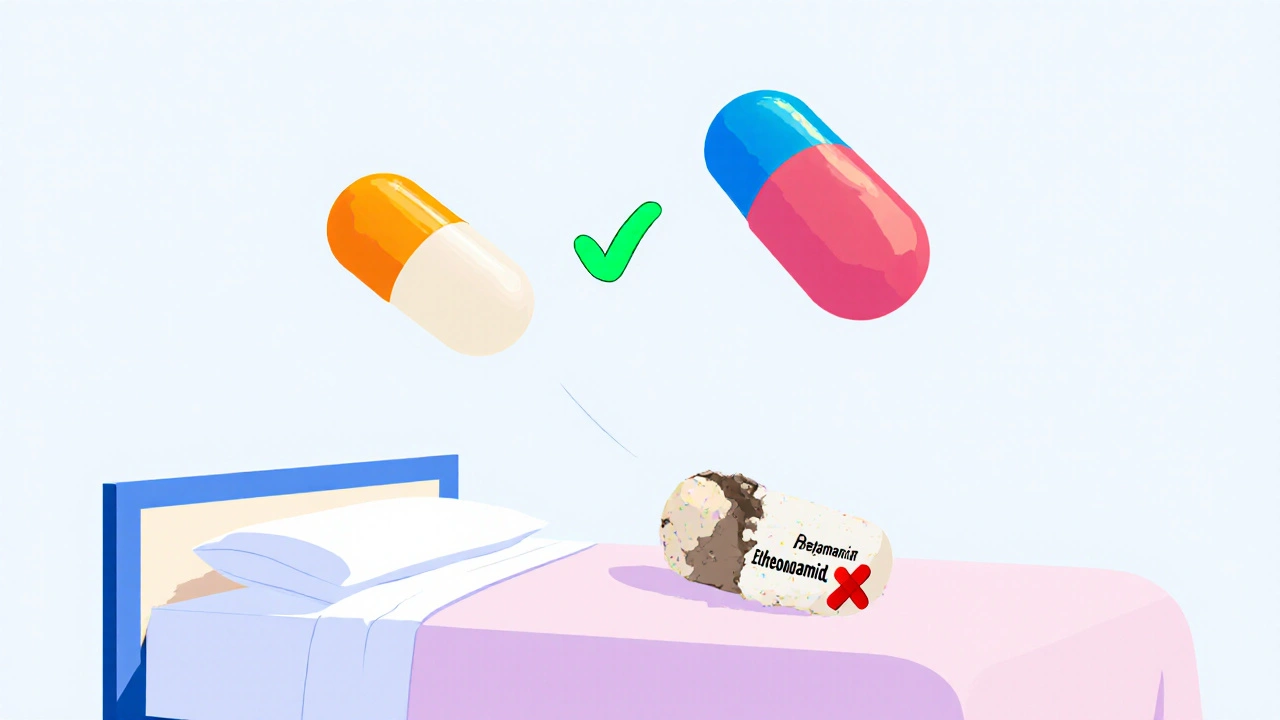 Modern TB drugs floating above a bed while ethionamide is discarded with an X.
