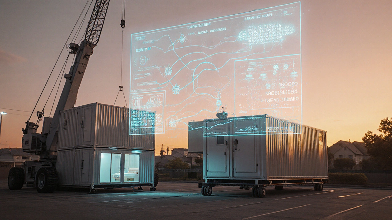 Modular field hospital being set up at dawn with AI forecast hologram overhead.