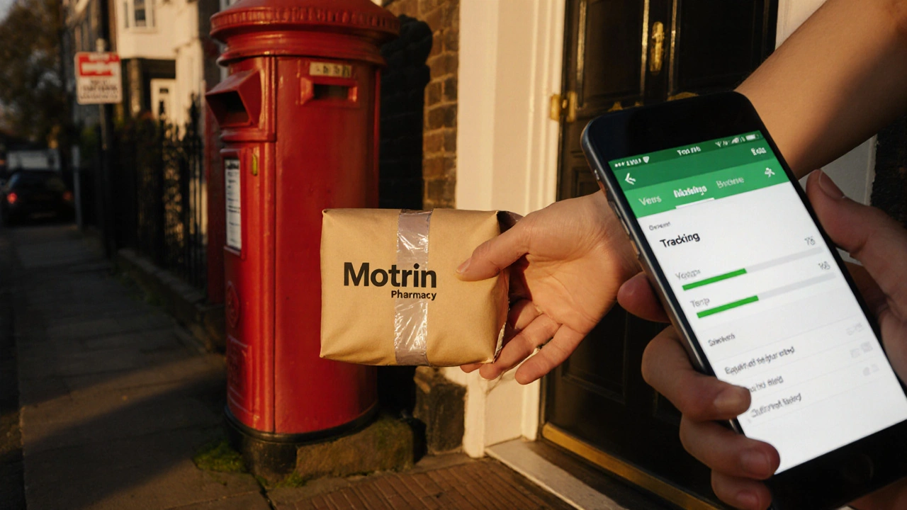 Parcel on a UK doorstep being picked up, with a smartphone displaying a delivery tracker.