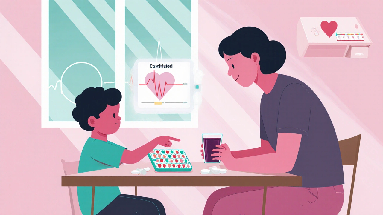 Parent and child checking medication schedule with pill organizer and prune juice.