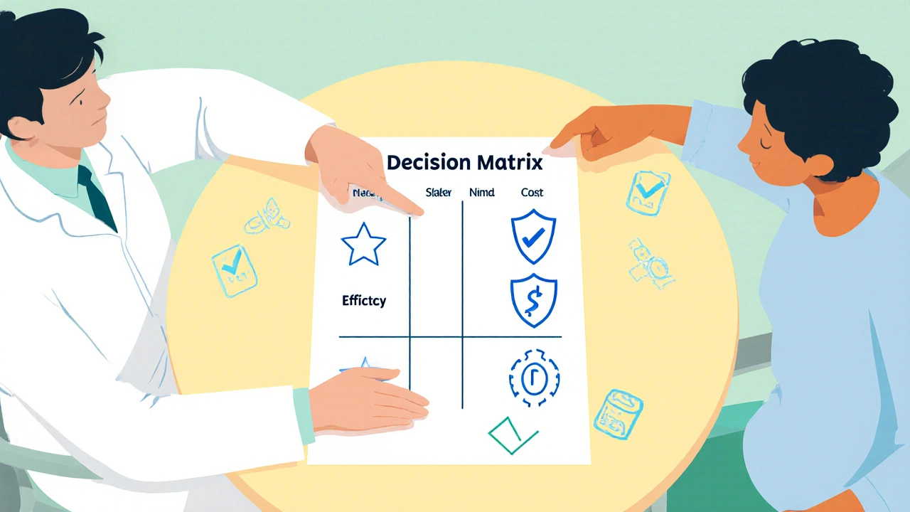 Patient and doctor review a decision matrix with efficacy, safety, cost, and monitoring icons.