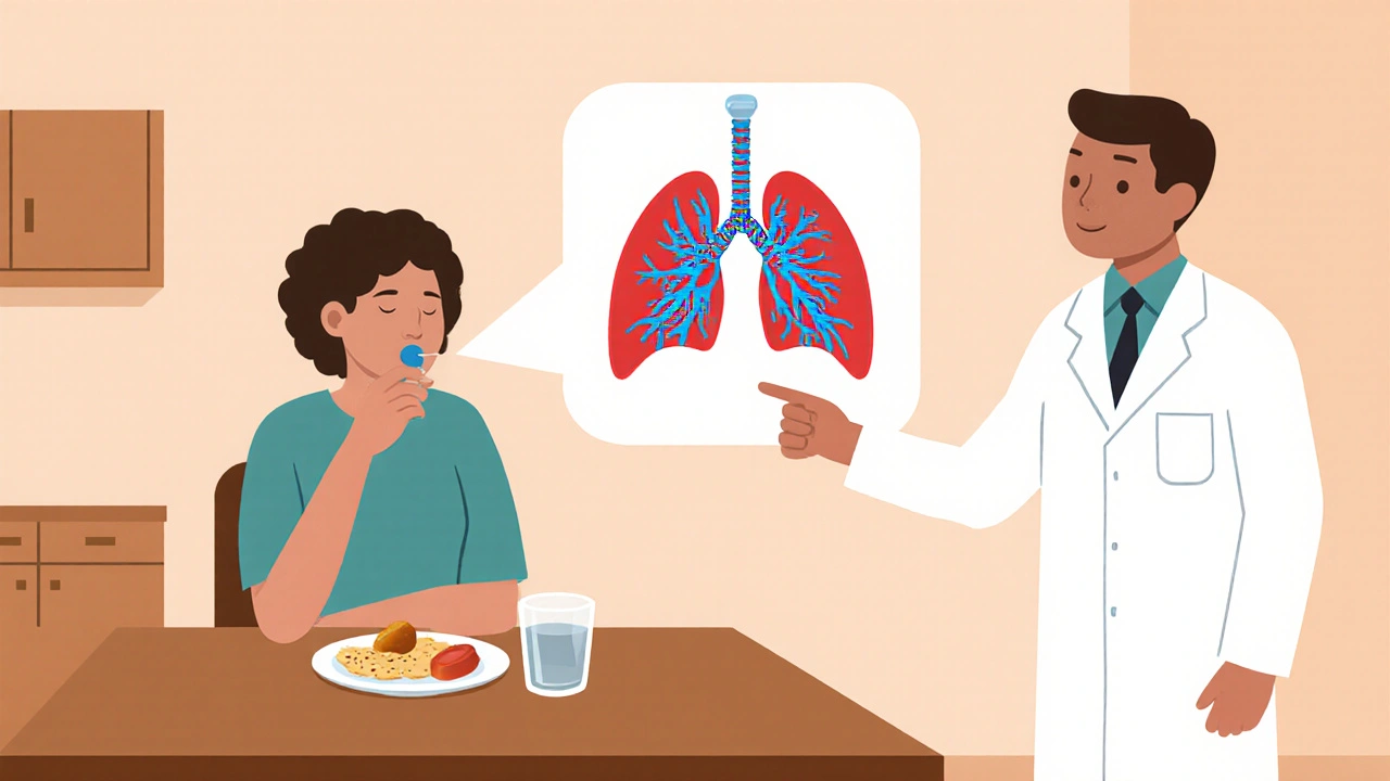 Patient takes the combo tablet with water while a doctor shows lungs clearing.