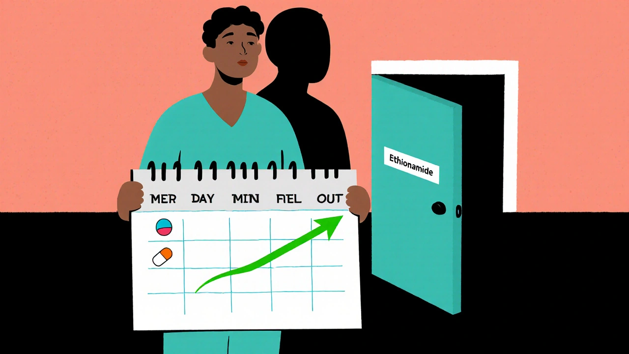 Patient with a 6-month calendar showing BPaL pills and a rising arrow toward a cured door.