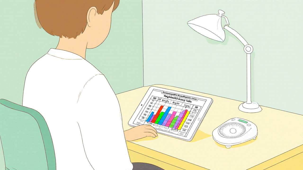 Pediatric doctor reviewing Verapamil dosing chart with scale and syringe.