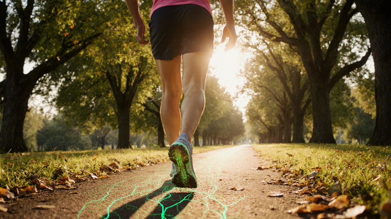 Person briskly walking in a sunlit park, conveying energetic exercise.