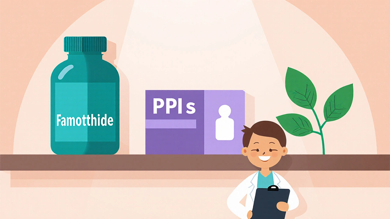 Pharmacy shelf displaying famotidine, PPIs, and a happy person choosing alternatives.