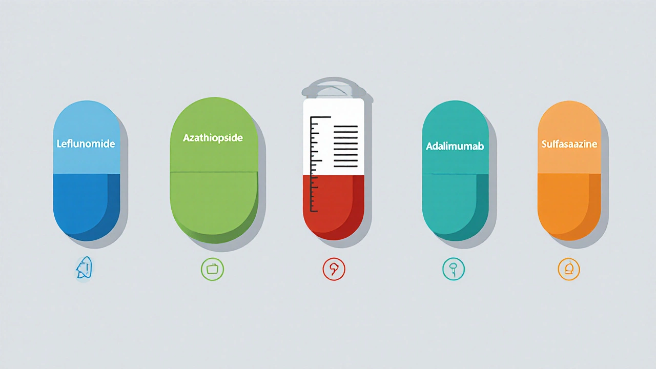 Row of simple icons representing leflunomide, azathioprine, adalimumab, hydroxychloroquine, and sulfasalazine.