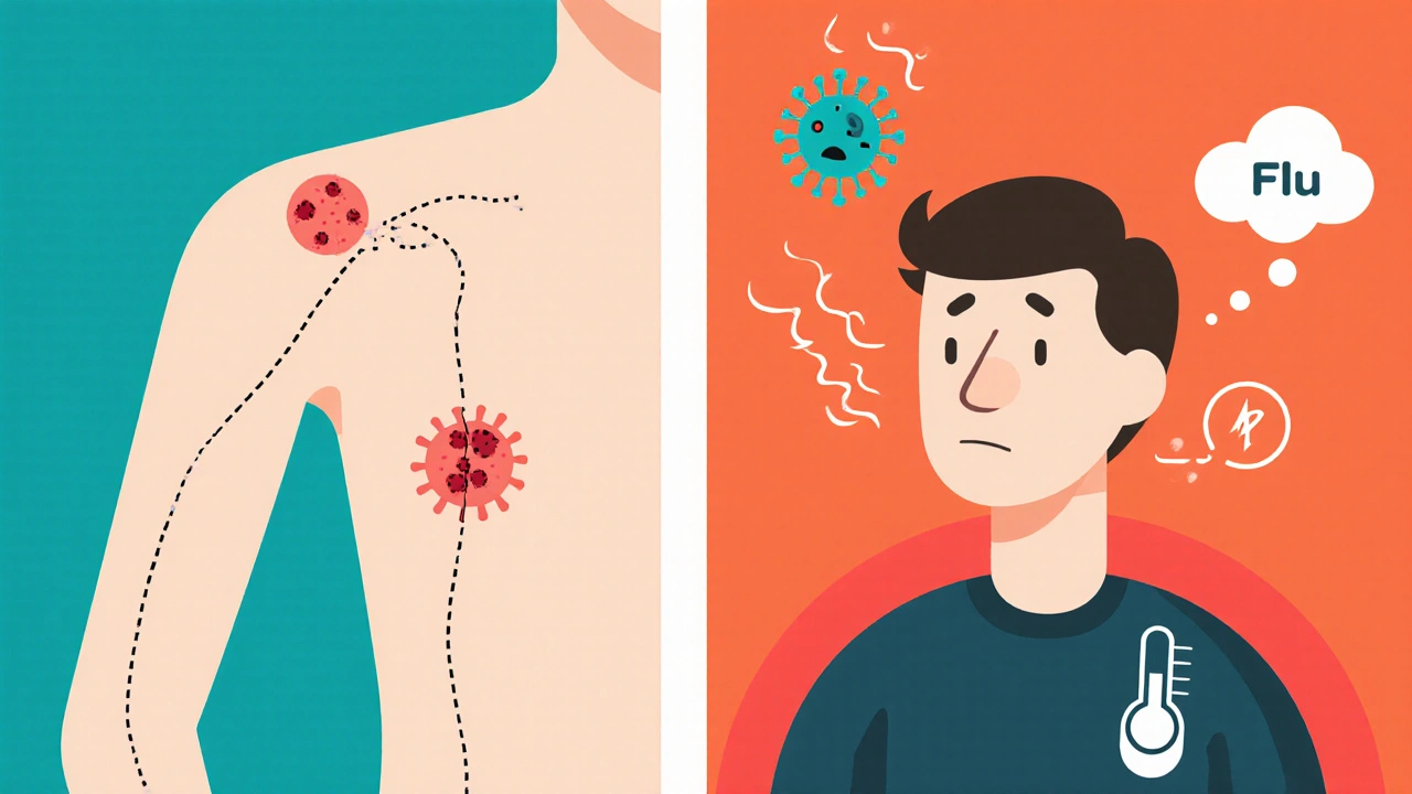 Side‑by‑side panels comparing shingles rash along a nerve path and flu respiratory symptoms.