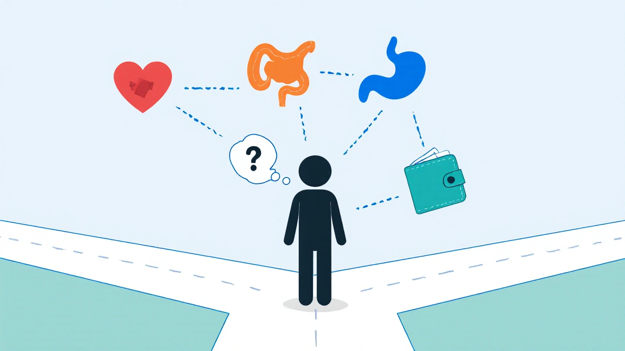 Simple cartoon flowchart showing a person choosing pills based on heart, stomach, and cost icons.