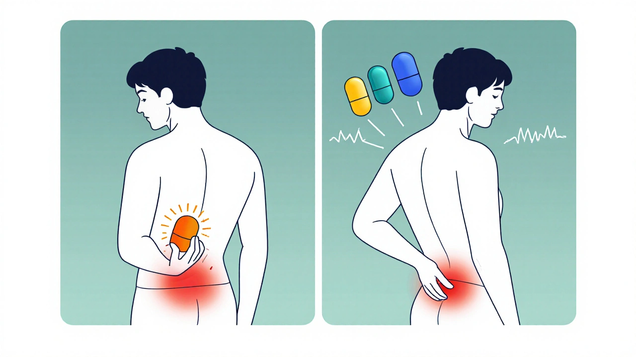 Split illustration comparing pain relief from Voveran tablet versus ibuprofen, paracetamol, and celecoxib pills.