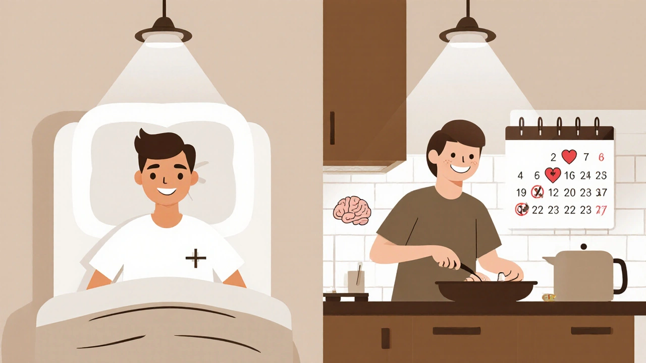 Split scene: hospital bed on left, person cooking in kitchen on right, symbolizing recovery.