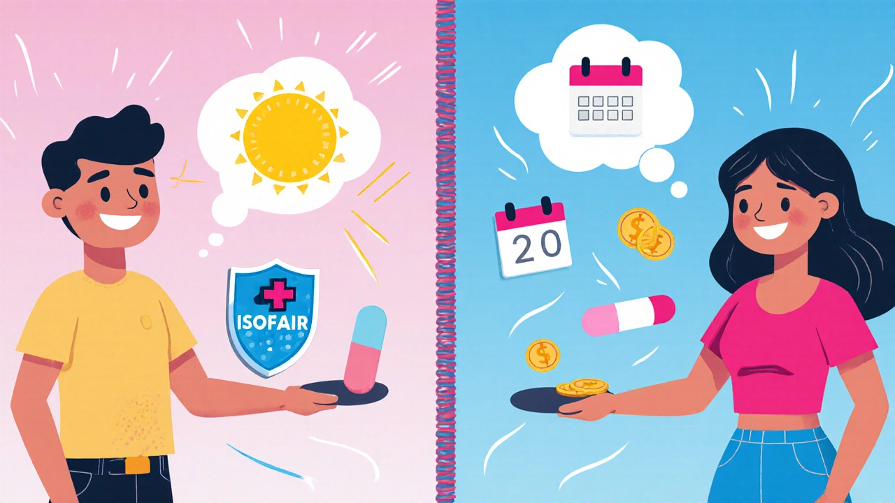 Split scene showing teen choosing Isofair versus cheaper alternatives with thought bubble.