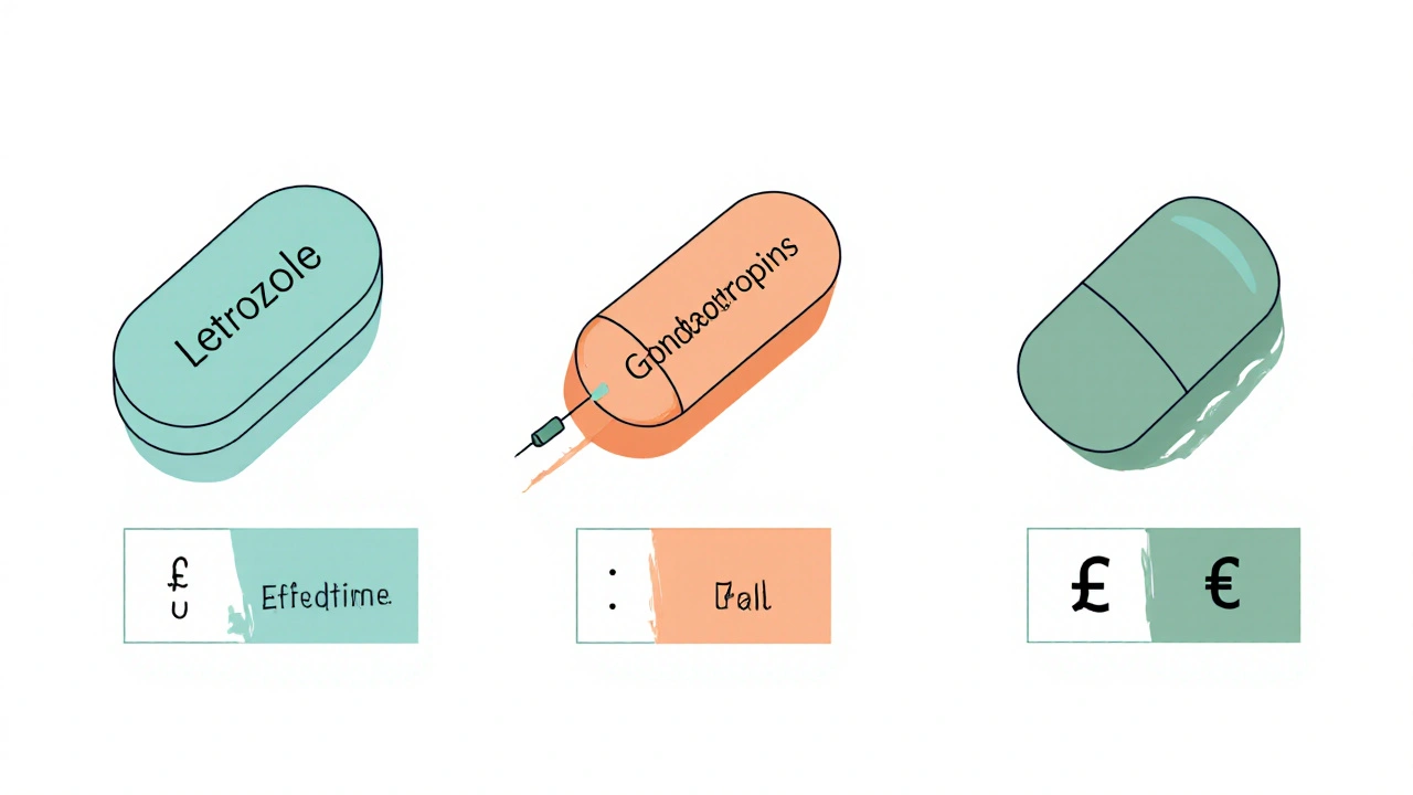 Three icons comparing Letrozole tablet, Gonadotropin syringe, and Metformin tablet.