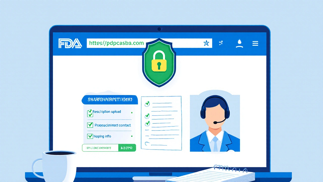 Vector illustration of a secure pharmacy website on a laptop with padlock and pharmacist icons.