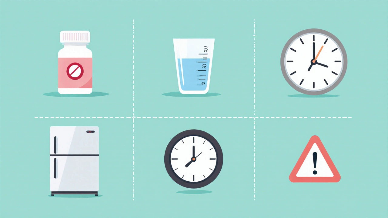 Visual guide of medication, water, timing, storage, and mild side‑effect icons.