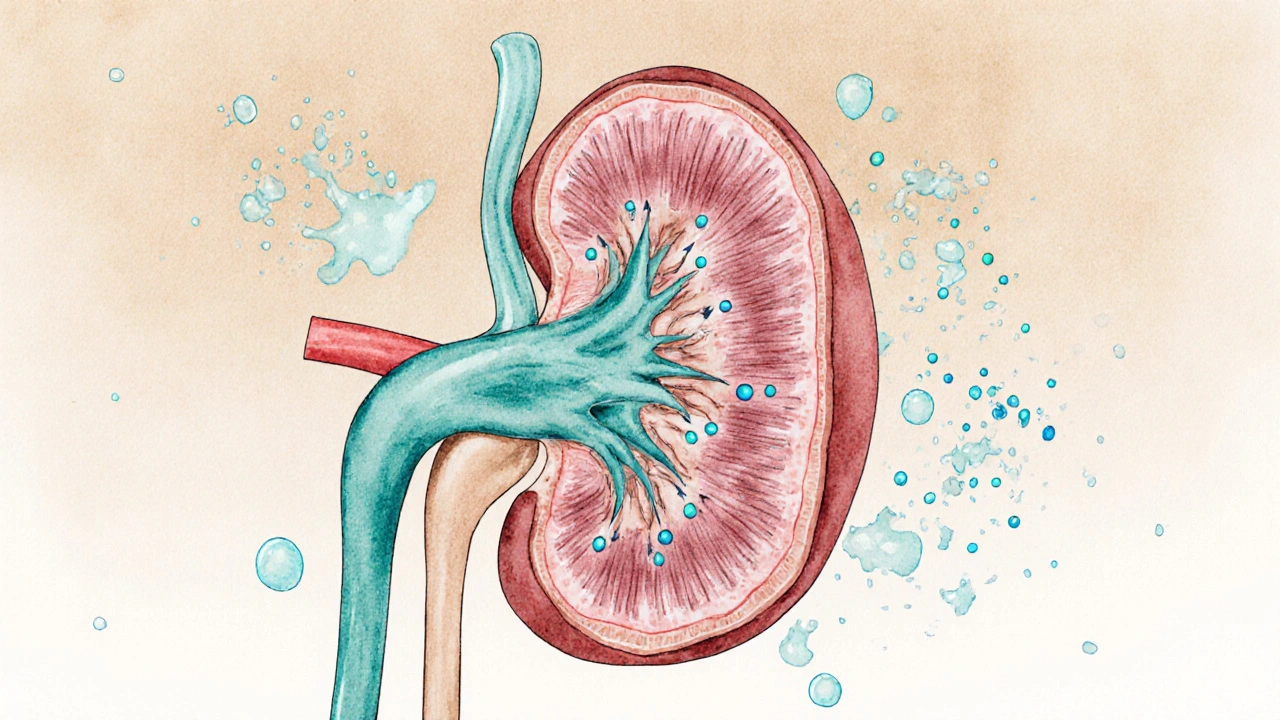 Watercolor kidney illustration showing furosemide blocking the loop of Henle.