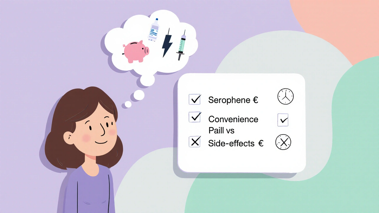 Woman reviewing a checklist of cost, convenience, and side effects for fertility drugs.