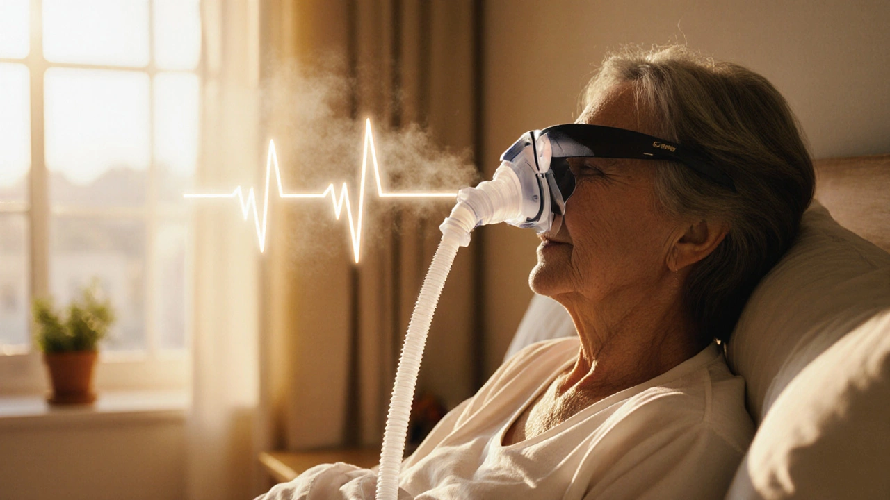 Woman using CPAP in sunrise-lit bedroom with steady ECG line indicating heart health.