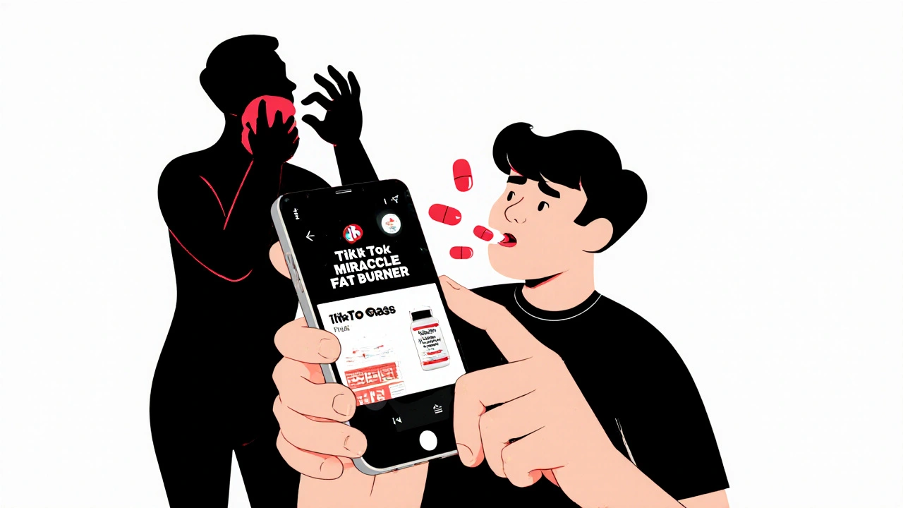 Young person scrolling on phone as dangerous pills float toward them from a TikTok ad.