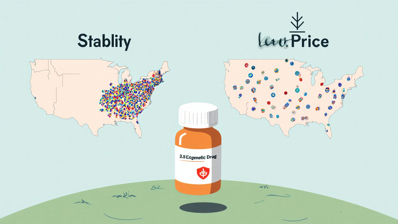 A drug bottle between Canada and U.S. maps, showing fewer manufacturers in Canada and more in the U.S.