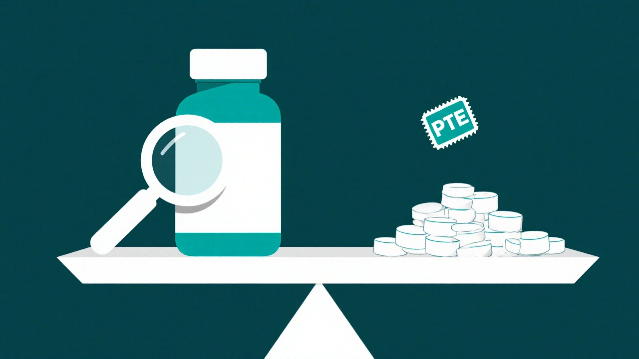 A scale balancing branded and generic drugs, with a PTE stamp tipping the scale in favor of the branded drug.