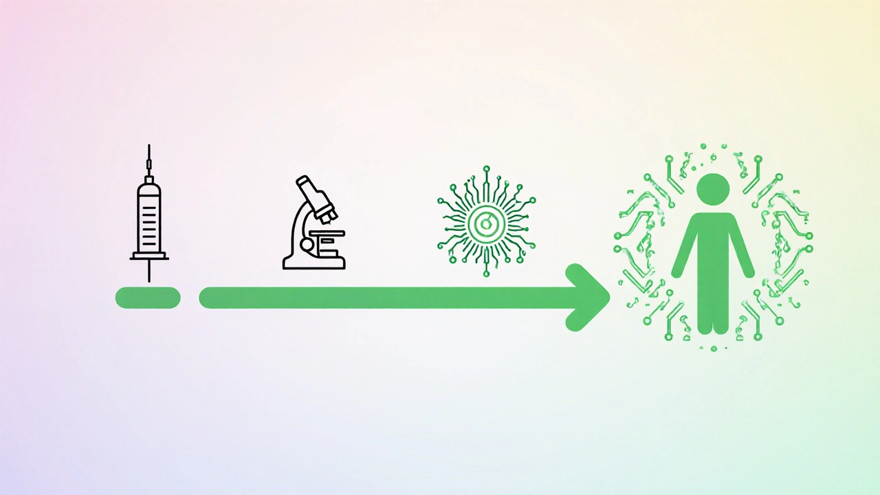 A timeline showing vaccination, screening, and AI analysis leading to a cancer-free silhouette.