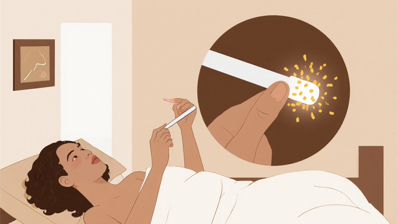 A woman collecting an HPV sample at home with a small swab in a simple bedroom setting.